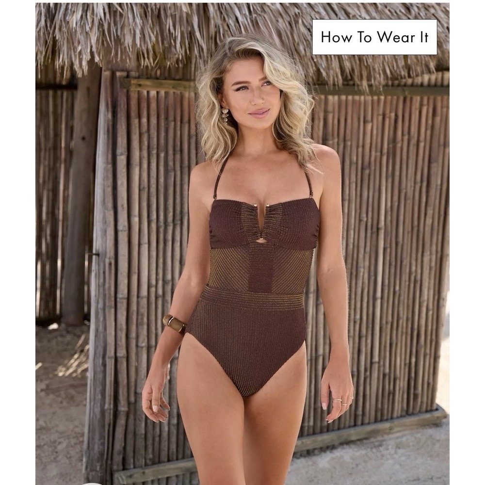 BECCA One Piece Swimsuit Women Small Espresso New Metallic Ribbed Halter